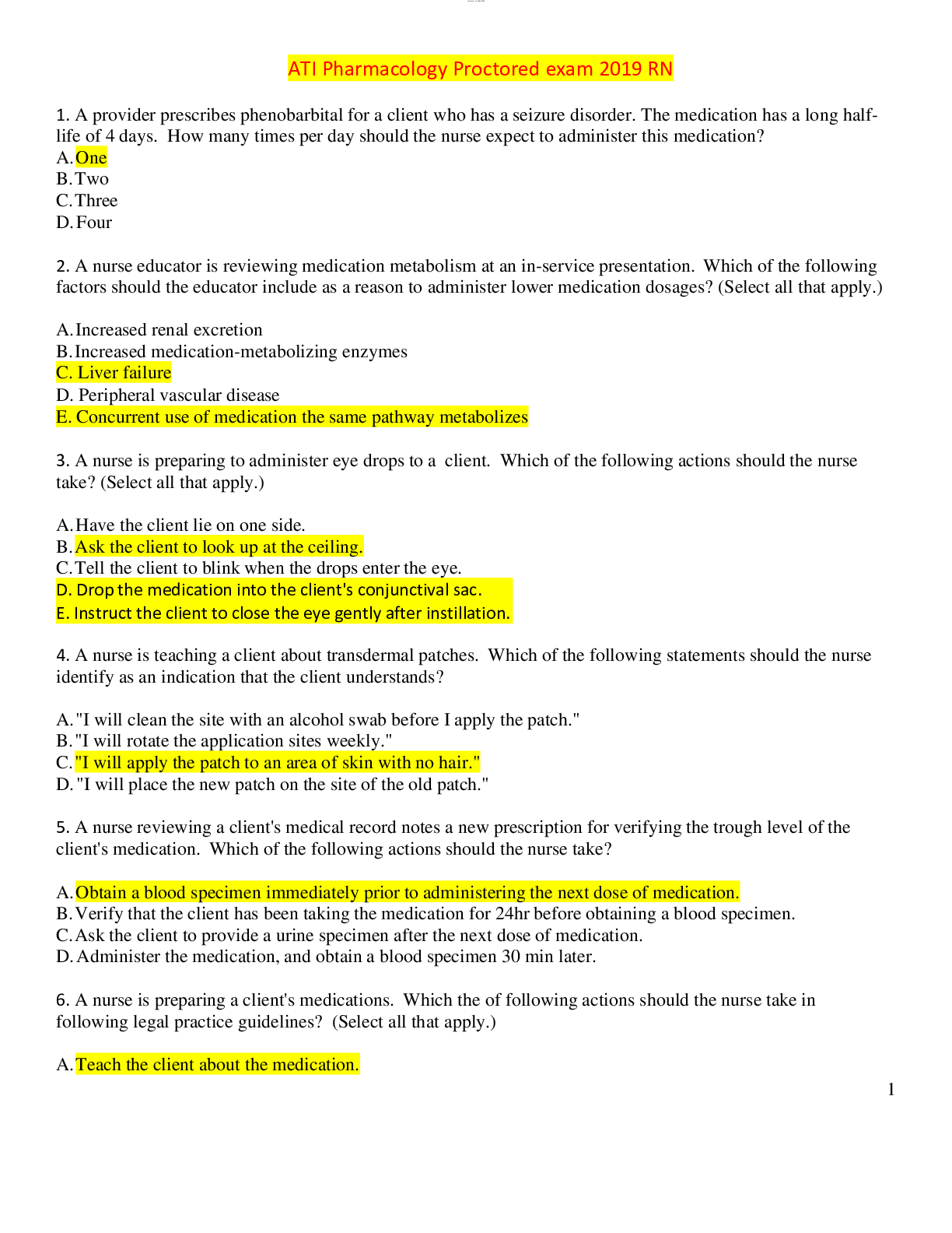Preview image for ATI Pharmacology Proctored exam 2019 RN